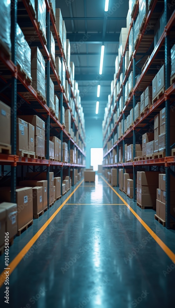 A well-organized warehouse with shelves full of boxes, showcasing efficient storage and logistics in a commercial environment. A well-organized warehouse with shelves full of boxes, showcasing efficient storage and logistics in a commercial environment.