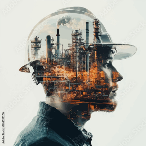 Double exposure of an engineer with a factory setting, showcasing the blend of human intelligence and industrial power.
