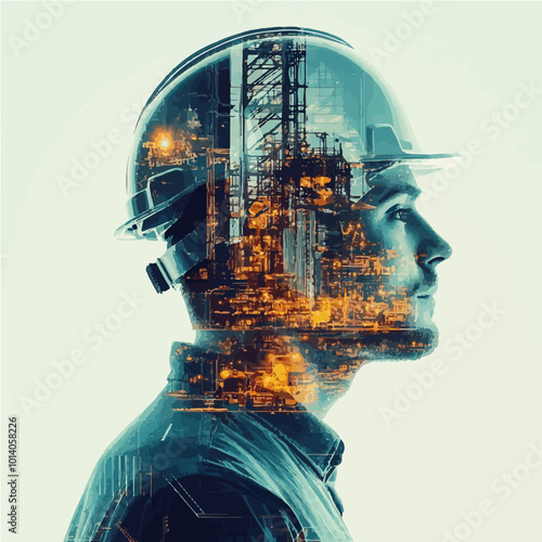 Creative double exposure of an engineer with industrial machinery overlaid, symbolizing innovation and technology.