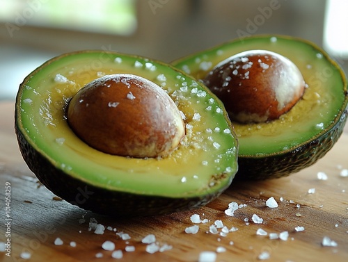 Two avocado halves sprinkled with salt on a wooden cutting board. photo