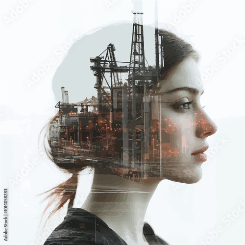 Double exposure of a woman with an industrial setting, blending human beauty with the power of industry and technology.