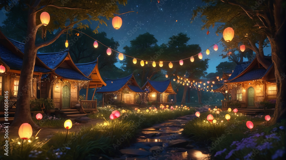 Illuminated by the soft glow of fireflies, the elf village twinkles with colorful lanterns and glowing orbs, turning the night into a magical spectacle of light and color, Generative AI Illuminated by the soft glow of fireflies, the elf village twinkles with colorful lanterns and glowing orbs, turning the night into a magical spectacle of light and color, Generative AI