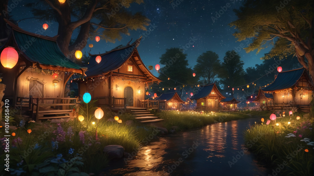 Fototapeta premium Illuminated by the soft glow of fireflies, the elf village twinkles with colorful lanterns and glowing orbs, turning the night into a magical spectacle of light and color, Generative AI