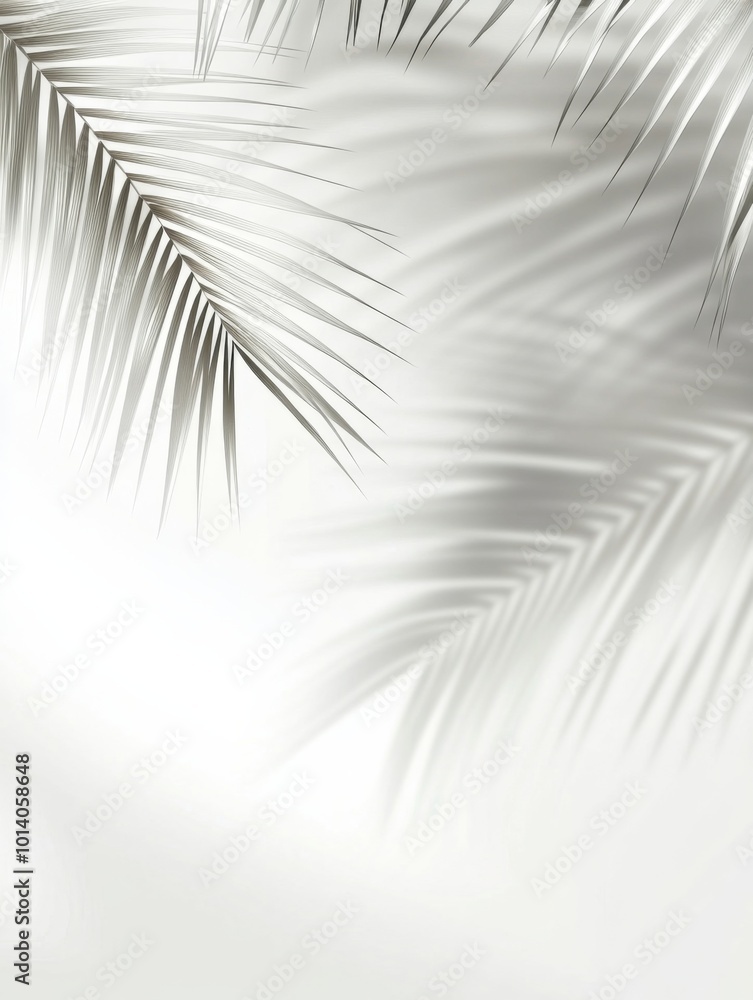 Obraz premium Elegant Minimalist Background Featuring White Tones and Subtle Shadows, with a Blurred Palm Leaf Silhouette in the Upper Left Corner Against a White Wall, Ideal for Various Design Uses.