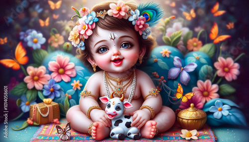 beautiful colorful bright portrait of Hindu god baby Krishna decorative with floral patterns