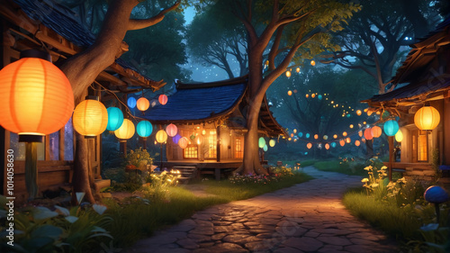 Illuminated by the soft glow of fireflies, the elf village twinkles with colorful lanterns and glowing orbs, turning the night into a magical spectacle of light and color, Generative AI