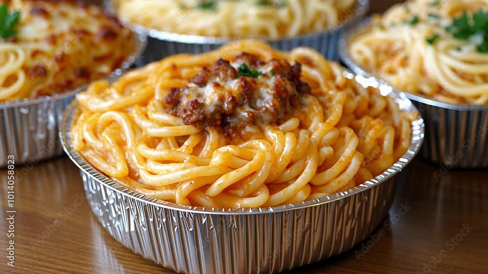 Enjoy a mouthwatering dish of spaghetti topped with savory meat sauce and melted cheese, served fresh in foil containers at a bustling local diner during lunch hour.
