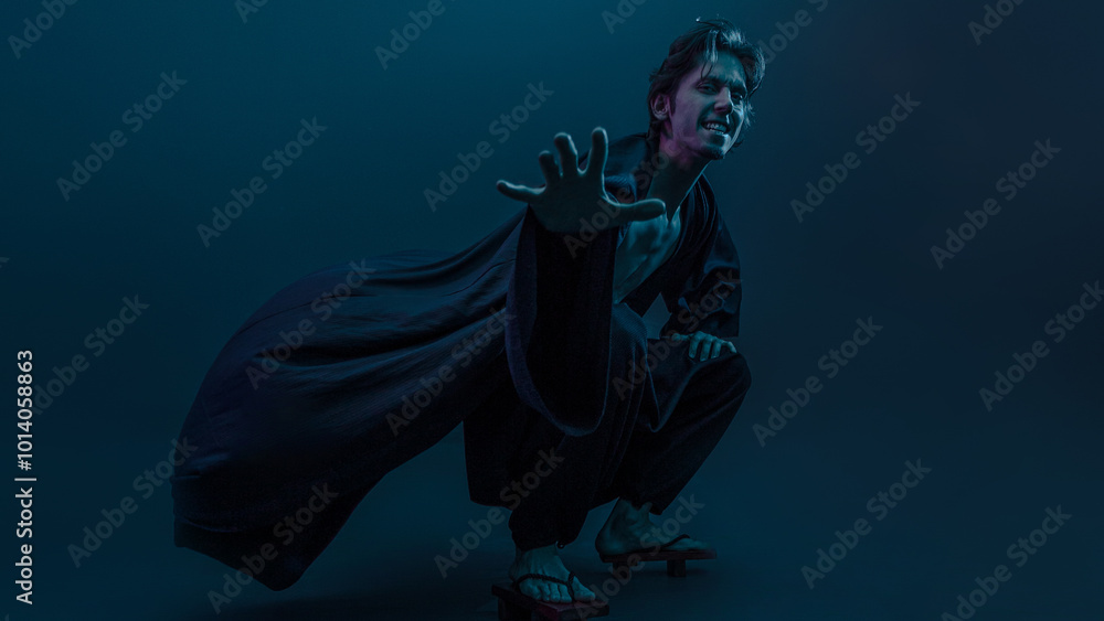 Fototapeta premium A guy in a kimono and geta in the image of a charismatic villain, dynamic poses, wide-angle view