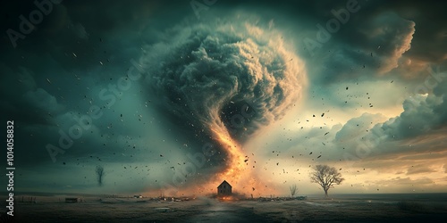 Colossal Tornado Ravaging a Quaint Rural Settlement in a Dramatic Cinematic Scene An 3D Visual Spectacle Captured Through an Oblique Angle