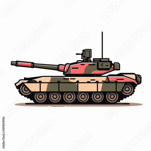 A cartoonish drawing of a tank with a pink and green camouflage pattern. The tank is parked on a white background