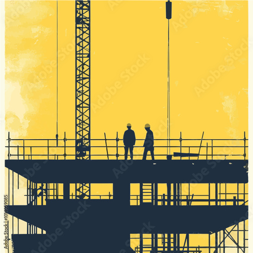 Silhouette of two construction workers on a scaffold against a yellow background, representing industry and urban development in a minimalistic style.
