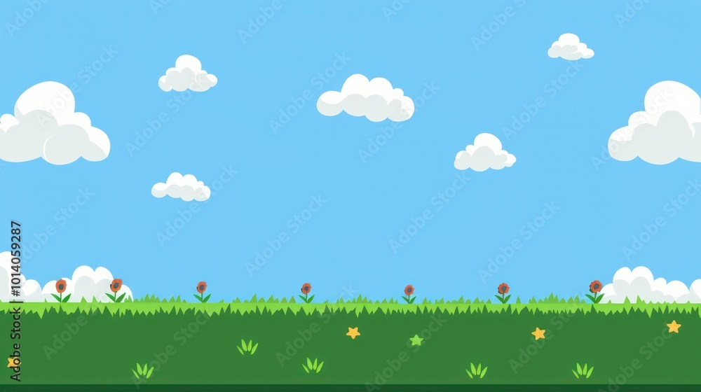 A vibrant, cartoon-style landscape featuring green grass, colorful flowers, and a bright blue sky with fluffy clouds. A vibrant, cartoon-style landscape featuring green grass, colorful flowers, and a bright blue sky with fluffy clouds.