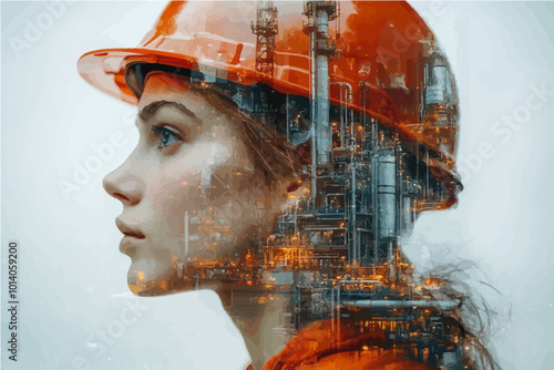 Double exposure of a female construction worker overlaid with industrial structures, representing innovation in modern engineering and industry.
