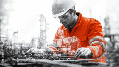 Close-up of a construction worker in an orange uniform, with industrial structures overlaid in a creative double exposure technique. Perfect for industrial-themed visuals.