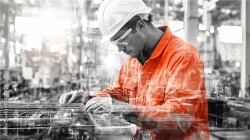 Double exposure of a man working in an industrial environment with technical overlay. Ideal for engineering, factory work, and industrial designs.