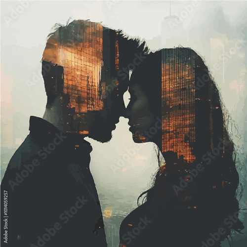 Double exposure of a couple’s silhouette with a cityscape overlay, symbolizing love and unity in an urban environment.
