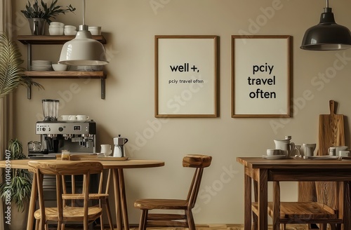 Cozy dining area with two inspiring framed posters promoting wellness and travel, enhanced by warm wooden furniture and contemporary decor