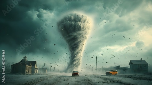 Ominous tornado ripping through a small rural town sweeping up buildings and debris in a violent display of nature s raw power photo