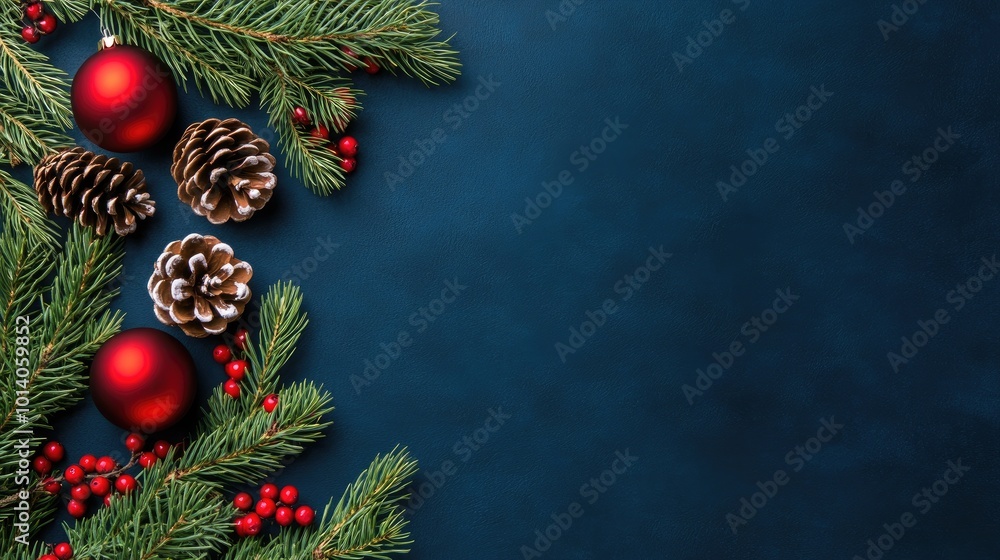 Christmas decorations with pine branches, ornaments, and pinecones on a dark background. Christmas decorations with pine branches, ornaments, and pinecones on a dark background.