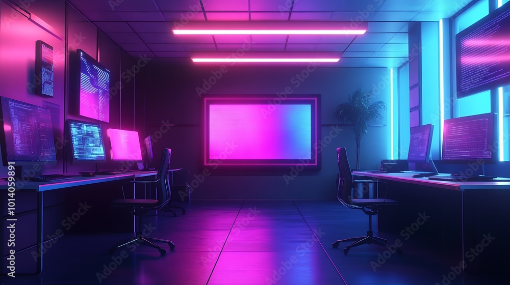 Neon lit office space with a blank screen in the back. Neon lit office space with a blank screen in the back.