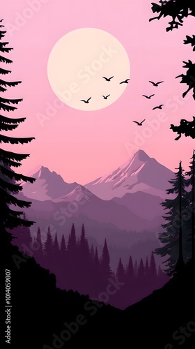 Simple minimalistic digital illustration of the mountain range with pines and crows flying in pink sky, pastel colors