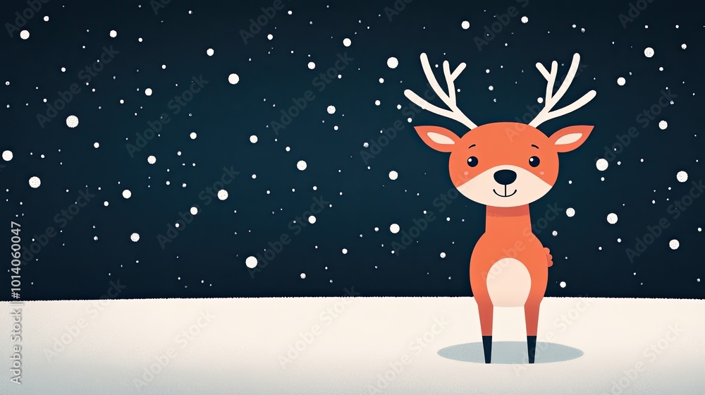 Cute cartoon reindeer standing in the snow with a dark blue background. Cute cartoon reindeer standing in the snow with a dark blue background.