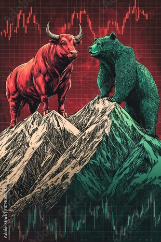 Illustration of a bull and bear facing off on mountain peaks with stock market chart in the background photo