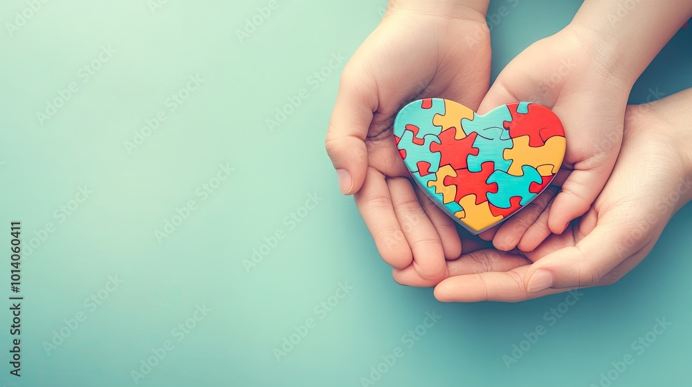 Hands holding a colorful puzzle heart on a mint green background. Hands holding a colorful puzzle heart on a mint green background.