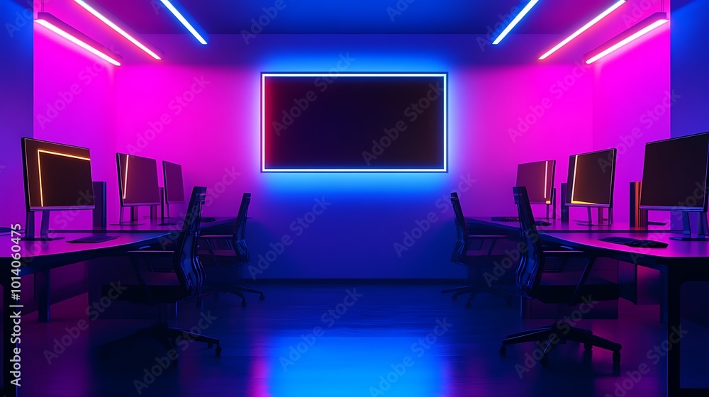 Modern gaming room with neon lights and computer monitors. Modern gaming room with neon lights and computer monitors.