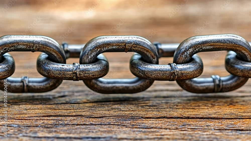 A close-up view showcases a metallic chain laid out on an aged wooden surface, highlighting its texture and connection. The interplay of light brings out the chain's resilience. A close-up view showcases a metallic chain laid out on an aged wooden surface, highlighting its texture and connection. The interplay of light brings out the chain's resilience.