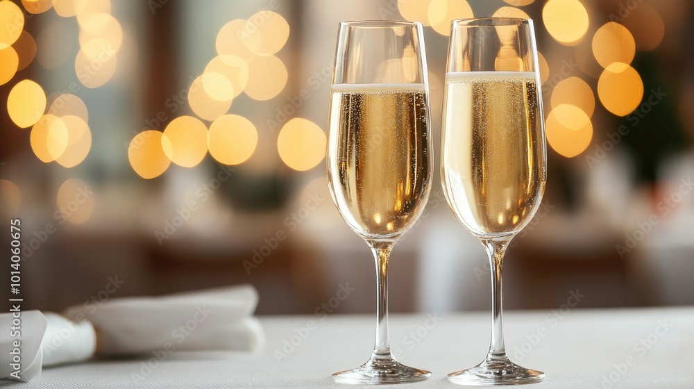 Two elegant champagne flutes filled with bubbly drink, festive ambiance, soft lights. Two elegant champagne flutes filled with bubbly drink, festive ambiance, soft lights.