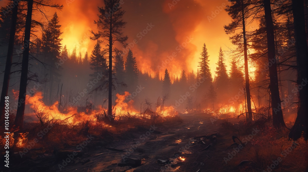 The smoky sky casts an eerie glow over the forest as flames consume everything in their path, leaving devastation in their wake, Generative AI The smoky sky casts an eerie glow over the forest as flames consume everything in their path, leaving devastation in their wake, Generative AI