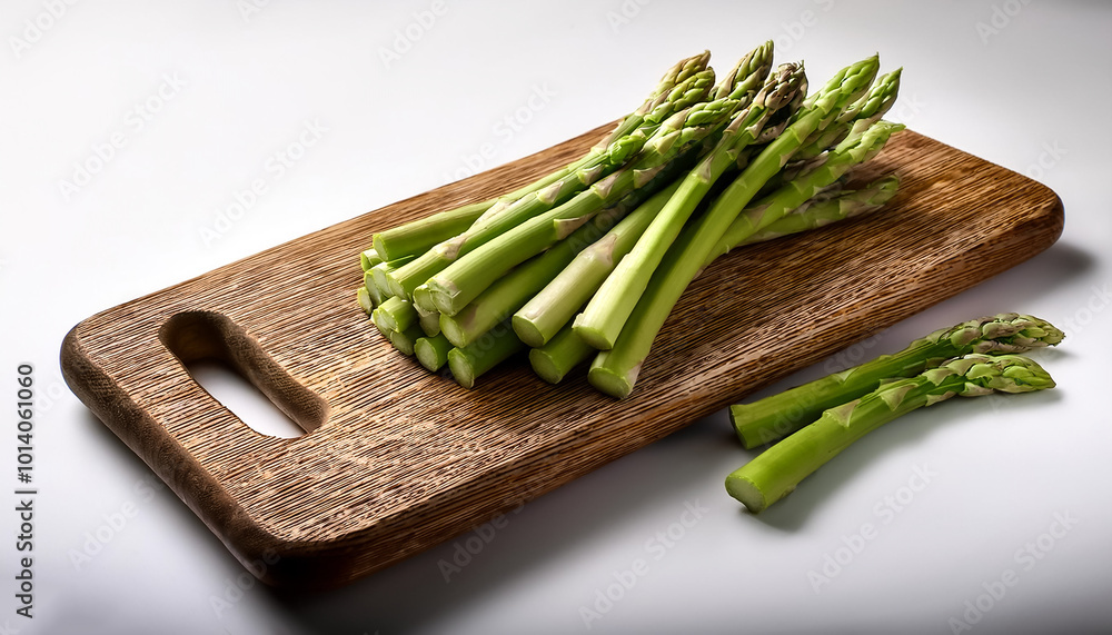 A handful of fresh green asparagus stalks placed on a cutting board on a white background A handful of fresh green asparagus stalks placed on a cutting board on a white background