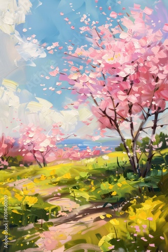 Wallpaper Mural A vibrant landscape featuring blooming pink trees and a sunny sky, evoking a sense of tranquility and natural beauty. Torontodigital.ca