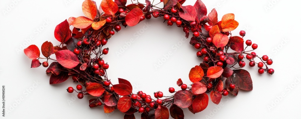Elegant autumn wreath made of vibrant red leaves and berries on a white background, symbolizing the beauty and warmth of the fall season Elegant autumn wreath made of vibrant red leaves and berries on a white background, symbolizing the beauty and warmth of the fall season