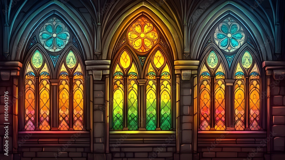 Fototapeta premium Stained glass windows in the Gothic style, depicted in a vintage drawing art piece