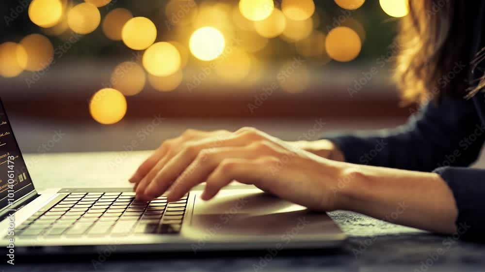 A person is typing on a laptop with colorful glowing lights in the background, creating a warm and inviting atmosphere during the evening. A person is typing on a laptop with colorful glowing lights in the background, creating a warm and inviting atmosphere during the evening.