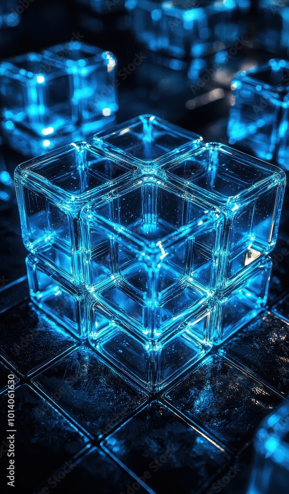 Abstract design of glowing blue cubes arranged in a futuristic and geometric pattern, highlighting digital technology and modern innovation with vibrant neon lights Abstract design of glowing blue cubes arranged in a futuristic and geometric pattern, highlighting digital technology and modern innovation with vibrant neon lights