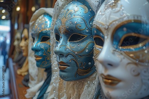 A line of intricately designed Venetian masks is showcased along a decorated street. Each mask features unique patterns and vibrant colors, capturing the spirit of traditional craftsmanship