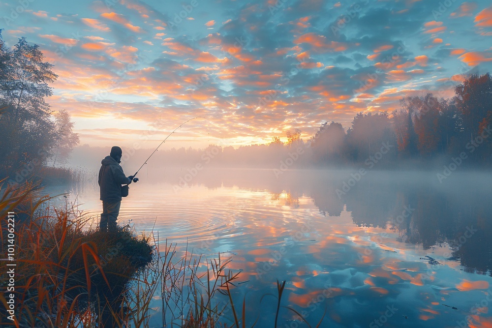 A person stands on the bank of a tranquil lake, fishing as the sun rises. Colorful clouds float above, reflecting in the foggy water, creating a peaceful atmosphere in the early morning light A person stands on the bank of a tranquil lake, fishing as the sun rises. Colorful clouds float above, reflecting in the foggy water, creating a peaceful atmosphere in the early morning light