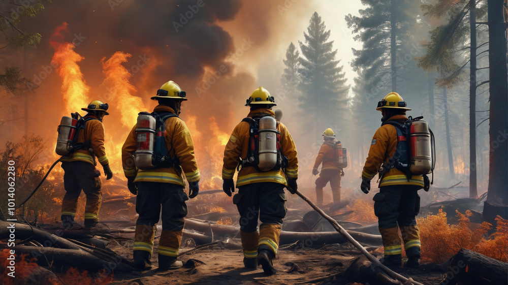 Obraz premium Brave volunteers join forces with firefighters to battle the blaze, working tirelessly to protect homes, wildlife, and the natural beauty of the forest, Generative AI