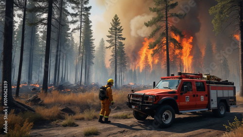 International aid is mobilized to assist in firefighting efforts, with teams from around the world coming together to combat the devastating wildfire and save the forest, Generative AI photo