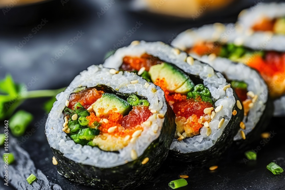 Sushi burrito - new trendy food concept. Sushi burrito rolls on the table - generative ai Sushi burrito - new trendy food concept. Sushi burrito rolls on the table - generative ai