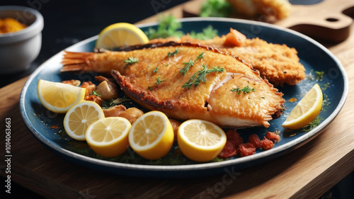 Freshly caught and expertly fried, the fish on the platter is a testament to culinary excellence, its crispy skin giving way to tender, flavorful meat, Generative AI