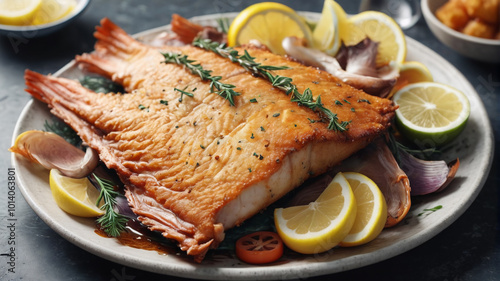 Freshly caught and expertly fried, the fish on the platter is a testament to culinary excellence, its crispy skin giving way to tender, flavorful meat, Generative AI