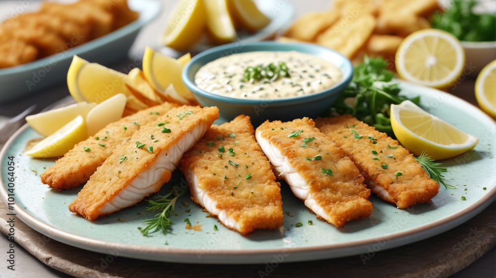 Crispy and golden, the fish fillets on the platter are accompanied by a zesty tartar sauce, adding a tangy kick to every bite, Generative AI Crispy and golden, the fish fillets on the platter are accompanied by a zesty tartar sauce, adding a tangy kick to every bite, Generative AI