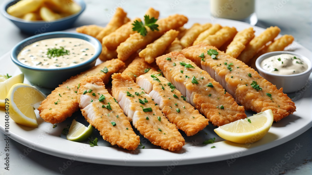 Crispy and golden, the fish fillets on the platter are accompanied by a zesty tartar sauce, adding a tangy kick to every bite, Generative AI Crispy and golden, the fish fillets on the platter are accompanied by a zesty tartar sauce, adding a tangy kick to every bite, Generative AI