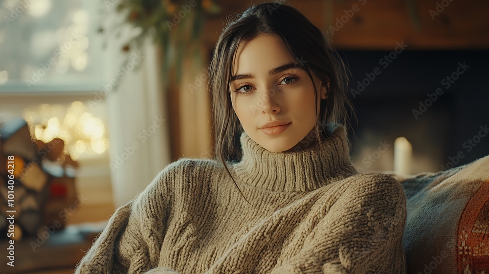 A portrait of a woman in a cozy sweater painting on a canvas. A portrait of a woman in a cozy sweater painting on a canvas.