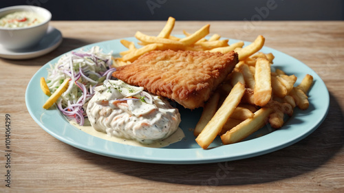 Freshly fried to perfection, the fish on the platter is served with a side of creamy coleslaw and crispy french fries, a classic and satisfying combination, Generative AI