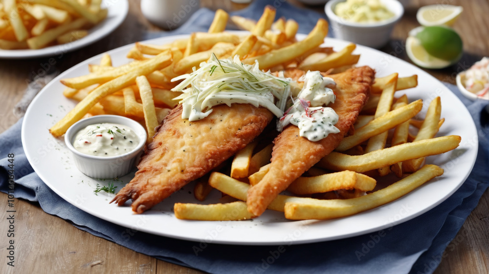 Freshly fried to perfection, the fish on the platter is served with a side of creamy coleslaw and crispy french fries, a classic and satisfying combination, Generative AI Freshly fried to perfection, the fish on the platter is served with a side of creamy coleslaw and crispy french fries, a classic and satisfying combination, Generative AI